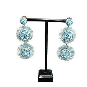 J.Crew Blue Beaded Fringe Drop Earrings Statement Tassel Boho